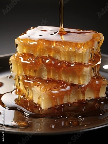 Fototapeta A stack of three honeycomb pieces being drizzled with honey on a dark background on a silver plate