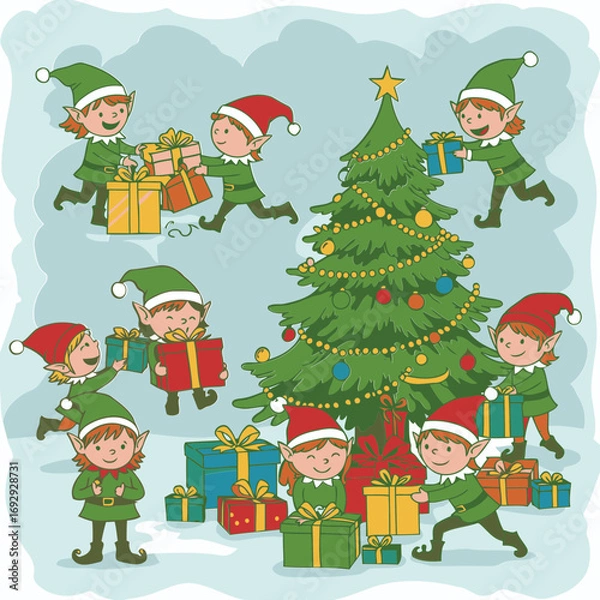 Fototapeta Cartoon elves in festive attire decorating a Christmas tree. Adorable elf helpers carrying presents around a decorated Christmas tree in a wintery setting.