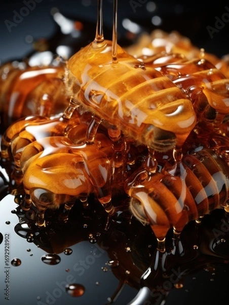 Fototapeta Close up of honey pouring over honeycomb creating a sticky and sweet golden dripping texture