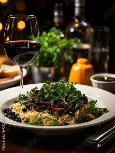 Fototapeta A close up of a plate of spaghetti with greens and dark berries alongside a glass of red wine on a table