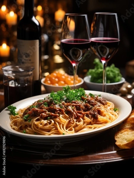 Fototapeta A romantic dinner setting with spaghetti bolognese and red wine in a dimly lit atmosphere table setting