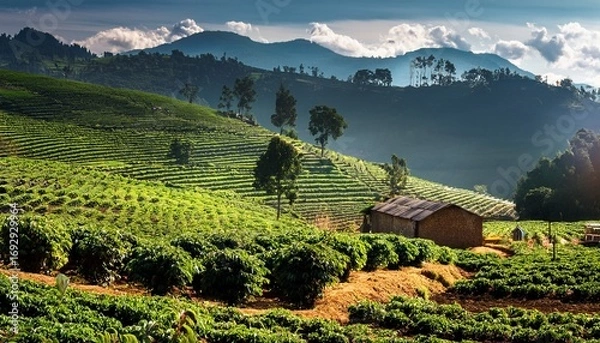 Obraz serene coffee micro farm in uganda s mount elgon vibrant rows and rustic harvesting tradition