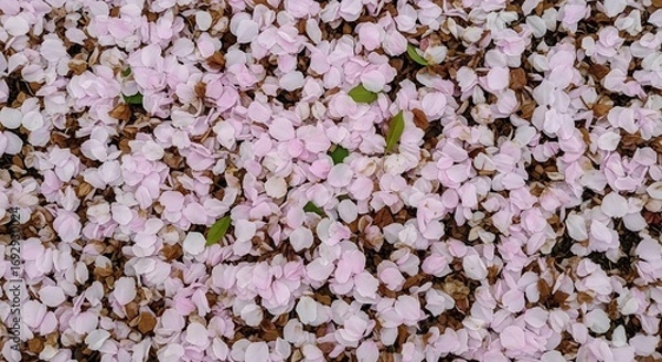 Fototapeta Spring blossom petals scattered on ground creating a soft colorful texture under natural daylight