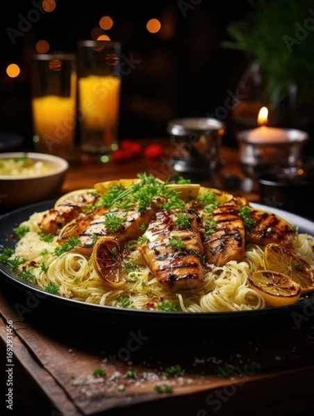 Fototapeta Grilled salmon with spaghetti and lemon slices on a black plate with drinks and a candle behind it