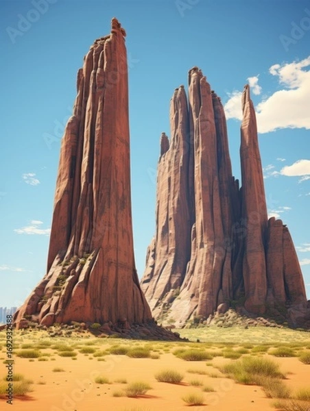 Fototapeta A scenic view of towering sandstone buttes in a desert landscape under a bright blue sky with clouds