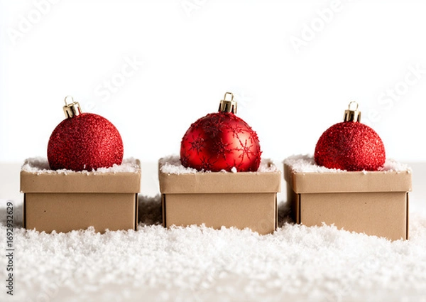 Fototapeta Red Christmas Ornaments in Boxes with Snow on White Background