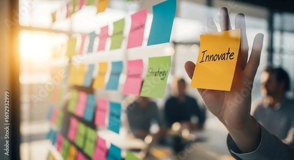 Fototapeta Brainstorming session with sticky notes.