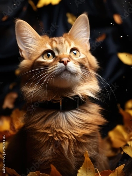 Fototapeta A ginger cat with a collar looking up surrounded by golden leaves against a dark background in soft light