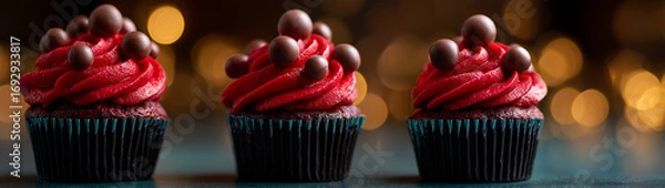 Fototapeta Delicious Cupcakes with Red Frosting and Chocolate Balls