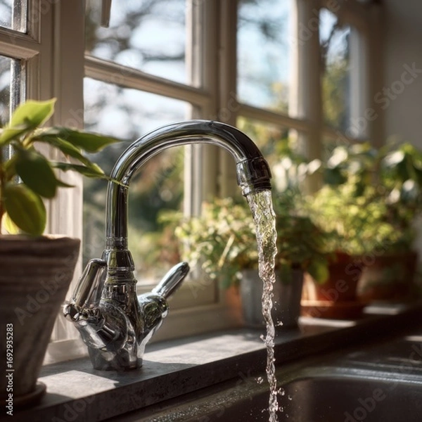 Fototapeta Kitchen faucet with flowing water by a window