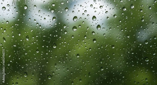 Fototapeta Rain droplets on glass window creating abstract reflective texture with blurred nature background