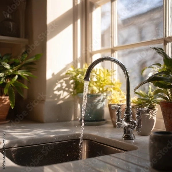 Fototapeta Kitchen sink with running water, sunlight streaming through window