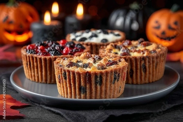 Fototapeta Three Soul Cakes topped with berries and cream on grey plate, surrounded by autumn leaves and candles. Concept of warm, cozy atmosphere highlighting Soul Cakes. 