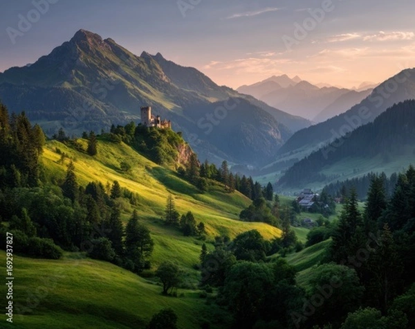 Obraz Mountain vista with castle
