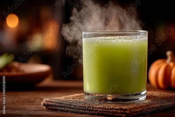 Fototapeta Witches Brew Lemonade in glass with steam rising, placed on wooden table. Concept of cozy ambiance highlighting Witches Brew Lemonade, refreshing green citrus drink with frozen fingers.