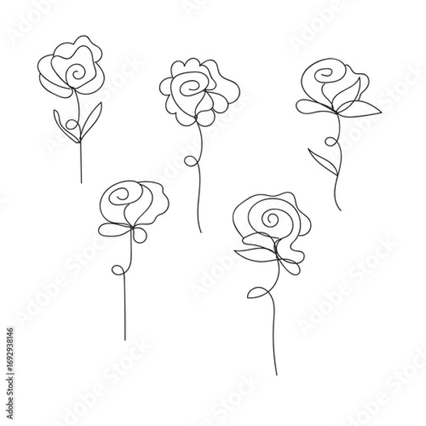 Fototapeta Minimalist rose outline collection five single line drawings for elegant design white background