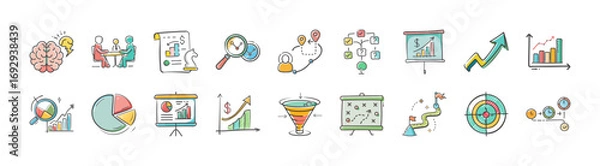Fototapeta Hand drawn business analytics and strategy icons set - Collection of colorful hand drawn icons representing business analytics and strategy, including brainstorming, teamwork, charts, magnifying glass