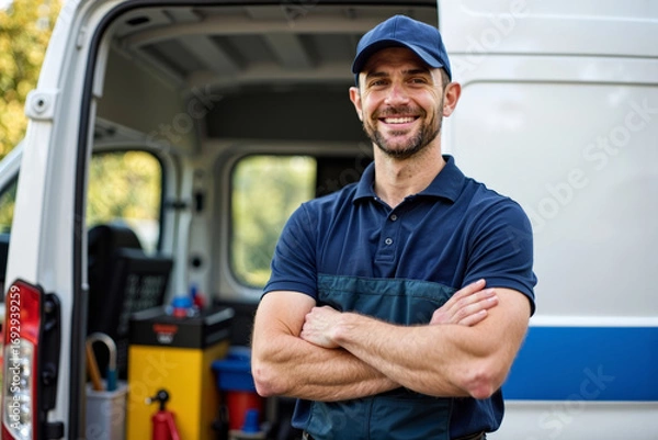 Fototapeta Smiling Plumber Ready for a Day of Repairs in Front of His Work Van with Tools at the Ready