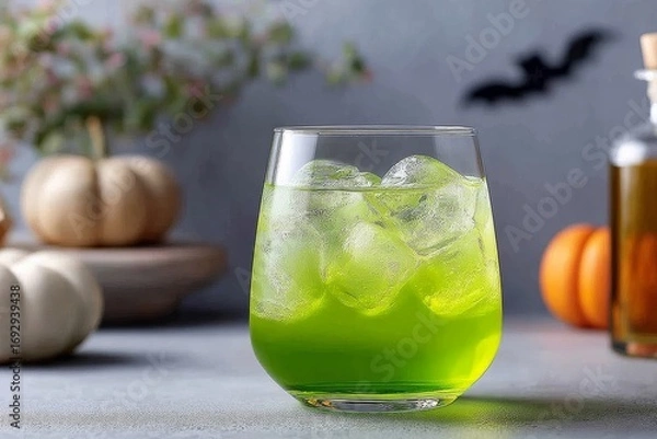 Fototapeta Witches Brew Lemonade in glass overflowing with vibrant green liquid and ice cubes, cozy ambiance. Concept of Witches Brew Lemonade as refreshing green citrus drink with frozen fingers.