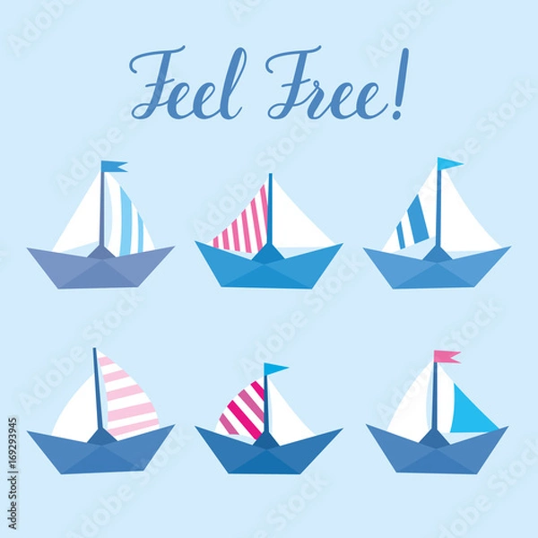 Fototapeta Seamless vector pattern with colorful paper ships. Sea texture