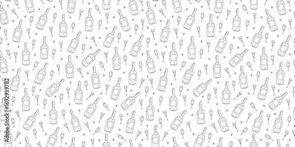 Obraz Pattern wine, bottles, wine glasses. Seamless background, simple doodle New Year icons. Hand drawn drinks. Festive Christmas background.