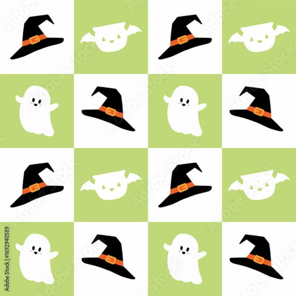 Obraz Seamless Halloween pattern with cartoon pumpkin and ghost on purple background, vector illustration.