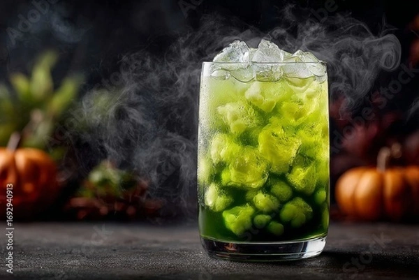 Fototapeta Witches Brew Lemonade in tall glass, green citrus drink with frozen fingers, ice cubes present. Concept of Witches Brew Lemonade with dark, moody atmosphere, steam rising.