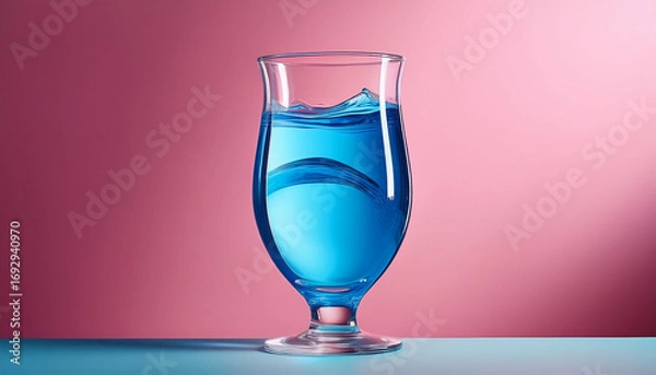 Fototapeta Elegant Glass Filled With Vibrant Blue Liquid Stands Gracefully Against A Soft Pink Backdrop Creating A Captivating Contrast That Enhances The Visual Appeal