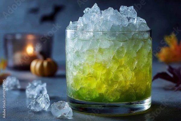 Fototapeta Witches Brew Lemonade in glass filled with ice cubes, vibrant green liquid. Concept of cozy atmosphere, Witches Brew Lemonade creating inviting ambiance, Green citrus drink with frozen fingers.
