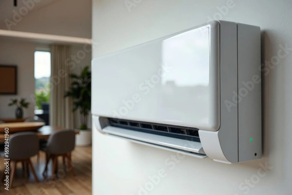 Fototapeta Mini Split Air Conditioner Pump in Modern Home Setting: Sleek Design and Efficient Cooling in Close-Up Shot