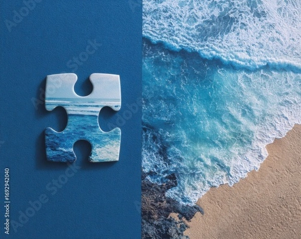 Obraz A puzzle piece with a seaside scene, juxtaposed against a close-up of crashing waves
