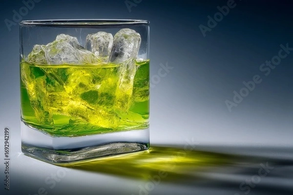 Fototapeta Witches Brew Lemonade in glass filled with vibrant green liquid, ice cubes. Concept of Witches Brew Lemonade, green citrus drink with frozen fingers, captures refreshing essence.
