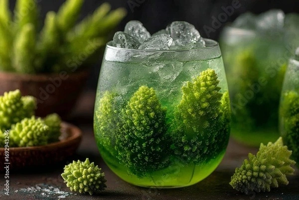 Fototapeta Witches Brew Lemonade in glass, green citrus drink with frozen fingers, ice cubes, spiky plants. Concept of Witches Brew Lemonade, minimalistic, inviting, soft lighting.