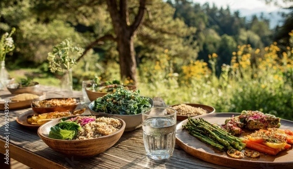 Fototapeta Outdoor dining, rustic table, lush landscape