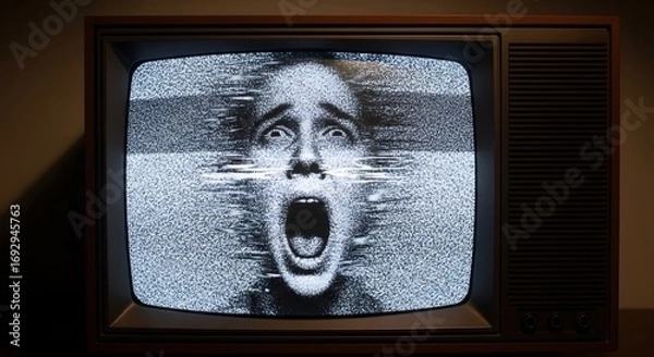 Fototapeta Screaming Face on Static TV.