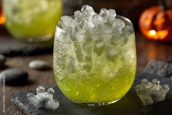 Fototapeta Witches Brew Lemonade in glass with ice cubes, surrounded by dark stones. Concept of spooky drink Witches Brew Lemonade, perfect for Halloween. Green citrus drink with frozen fingers.