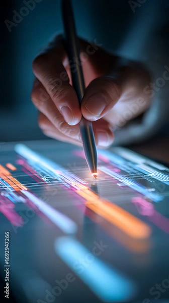 Fototapeta Hand holding stylus interacting with glowing digital financial charts image