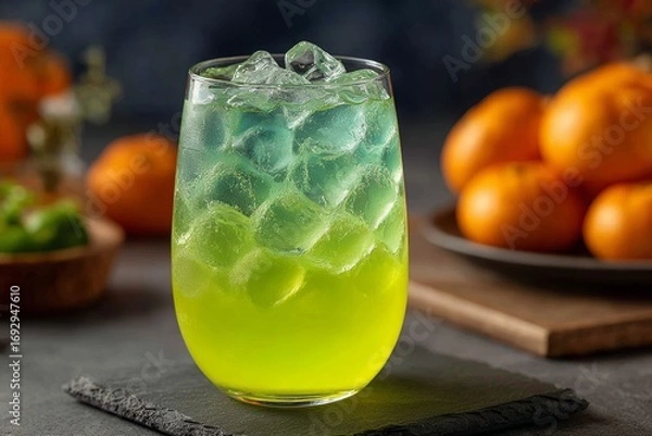 Fototapeta Tall glass of Witches Brew Lemonade with green citrus drink with frozen fingers, ice cubes, oranges on dark textured surface. Concept of Witches Brew Lemonade in warm kitchen.