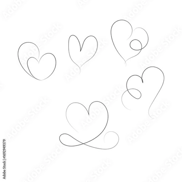 Fototapeta Collection of delicate hand drawn heart shapes for romantic designs white background