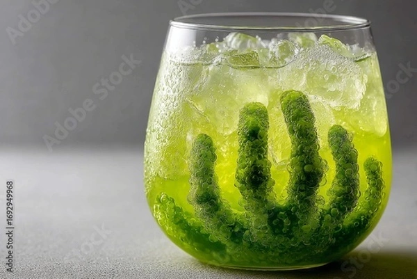 Fototapeta Witches Brew Lemonade fills glass with green citrus drink with frozen fingers, ice cubes, bubbles. Concept of Witches Brew Lemonade showcases refreshing, enchanting vibe.