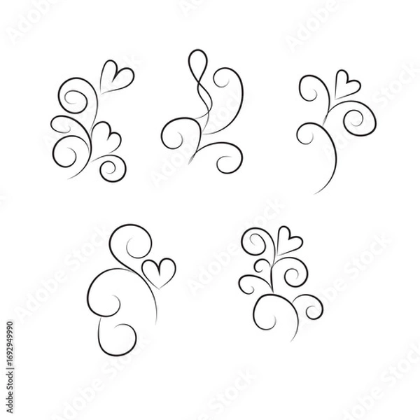 Fototapeta Whimsical heart swirl designs decorative flourishes elements for creative projects white background
