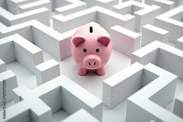 Fototapeta Navigating Financial Management: A Pink Piggy Bank in the Heart of a Maze