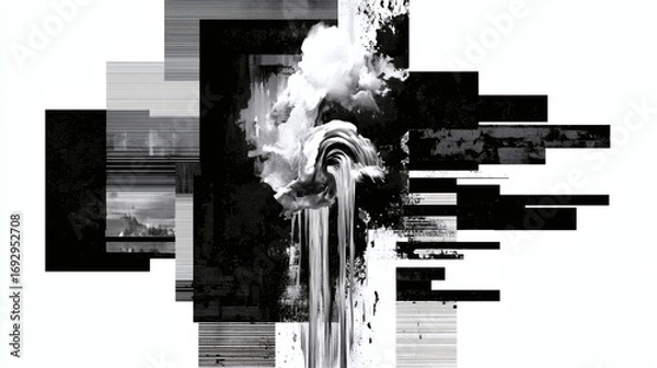 Fototapeta Abstract monochrome art with flowing water and glitch effects for modern design projects