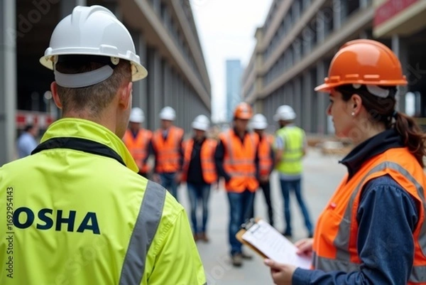 Fototapeta OSHA Inspector Conducting Safety Check at a Construction Site with Workers in the Background
