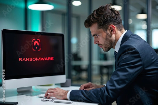 Fototapeta Concerned Professional Man in Suit Observing Ransomware Message on Laptop Screen in Office Setting