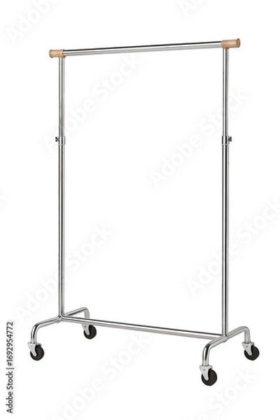 Fototapeta Photo of adjustable chrome garment rack with wheels and wooden bar, isolated on transparent background