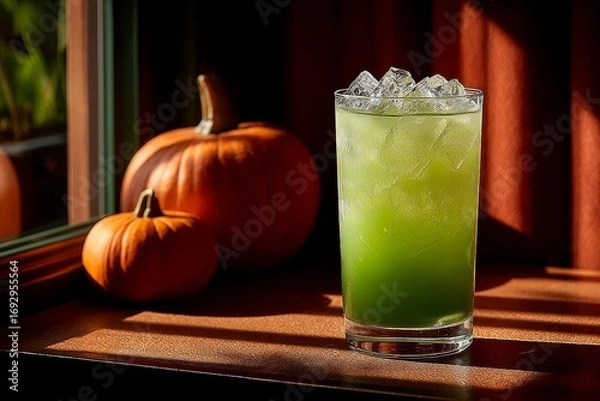 Fototapeta Witches Brew Lemonade in tall glass, filled with green citrus drink with frozen fingers, ice cubes, warm light from window. Concept of Witches Brew Lemonade, capturing autumn vibes.
