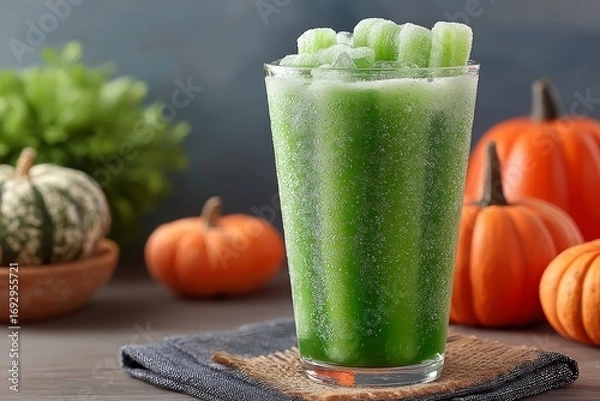 Fototapeta Witches Brew Lemonade in tall glass, vibrant green color, topped with ice cubes, on wooden table. Concept of Witches Brew Lemonade, featuring green citrus drink with frozen fingers.