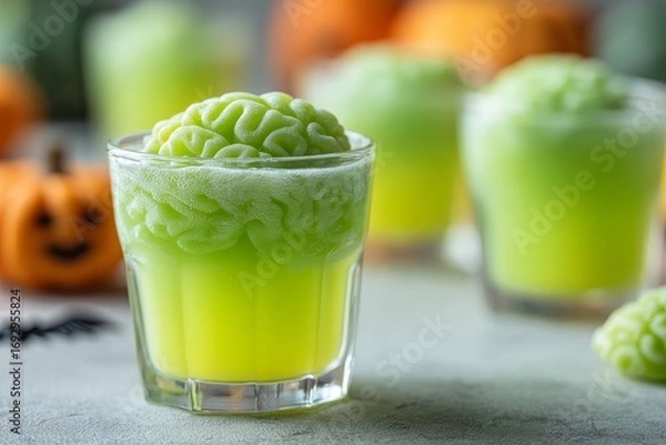 Fototapeta Zombie Brain Shots in glass, green gelatinous substance with smooth texture, layered drink with jelly. Concept of Halloween, Zombie Brain Shots evoke spooky celebrations.