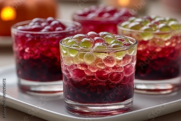Fototapeta Zombie Brain Shots served in colorful layered drinks with jelly, garnished with grapes. Concept of Zombie Brain Shots, vibrant cocktails creating festive, inviting atmosphere.